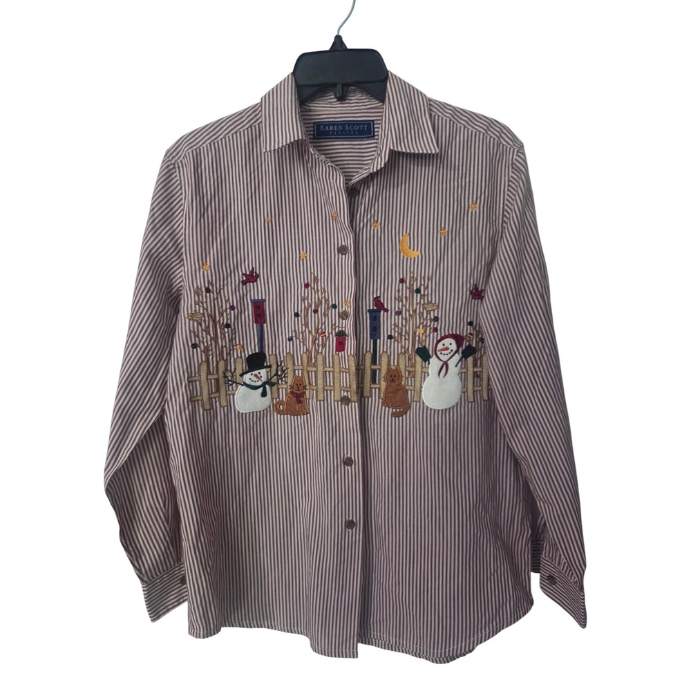 Karen Scott Petites Winter Snowman Striped Button Down Shirt Maroon White PS